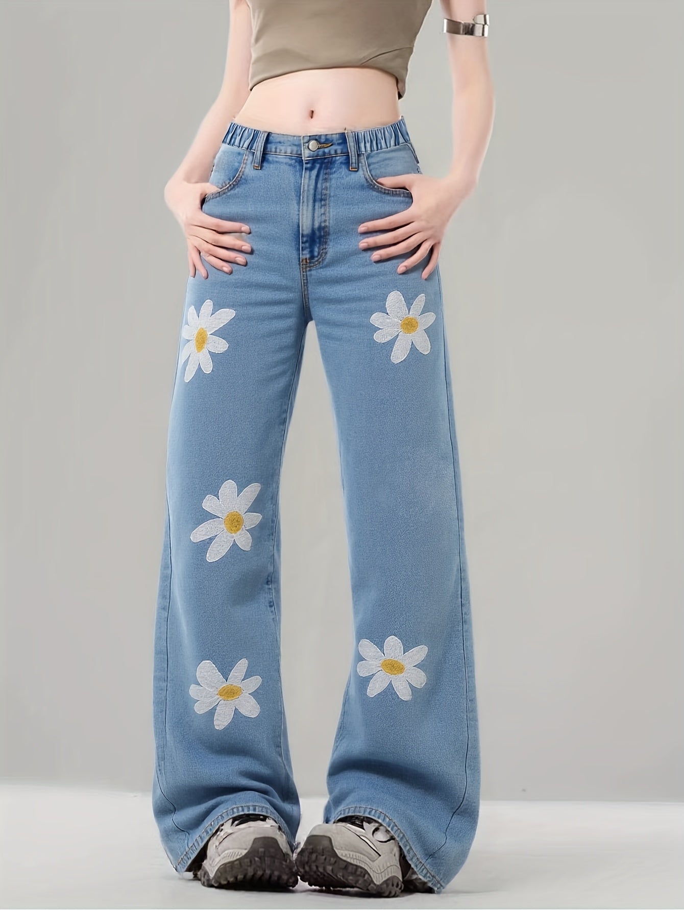 Trendy Kawaii Cute Core Daisy Embroidered Jeans For Girls - High Waist Loose Straight Leg