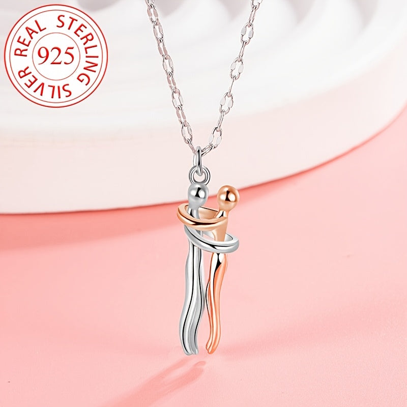 The Eternal Embrace Necklace: 925 Sterling Silver Couple Hug Pendant, Emotional Jewelry