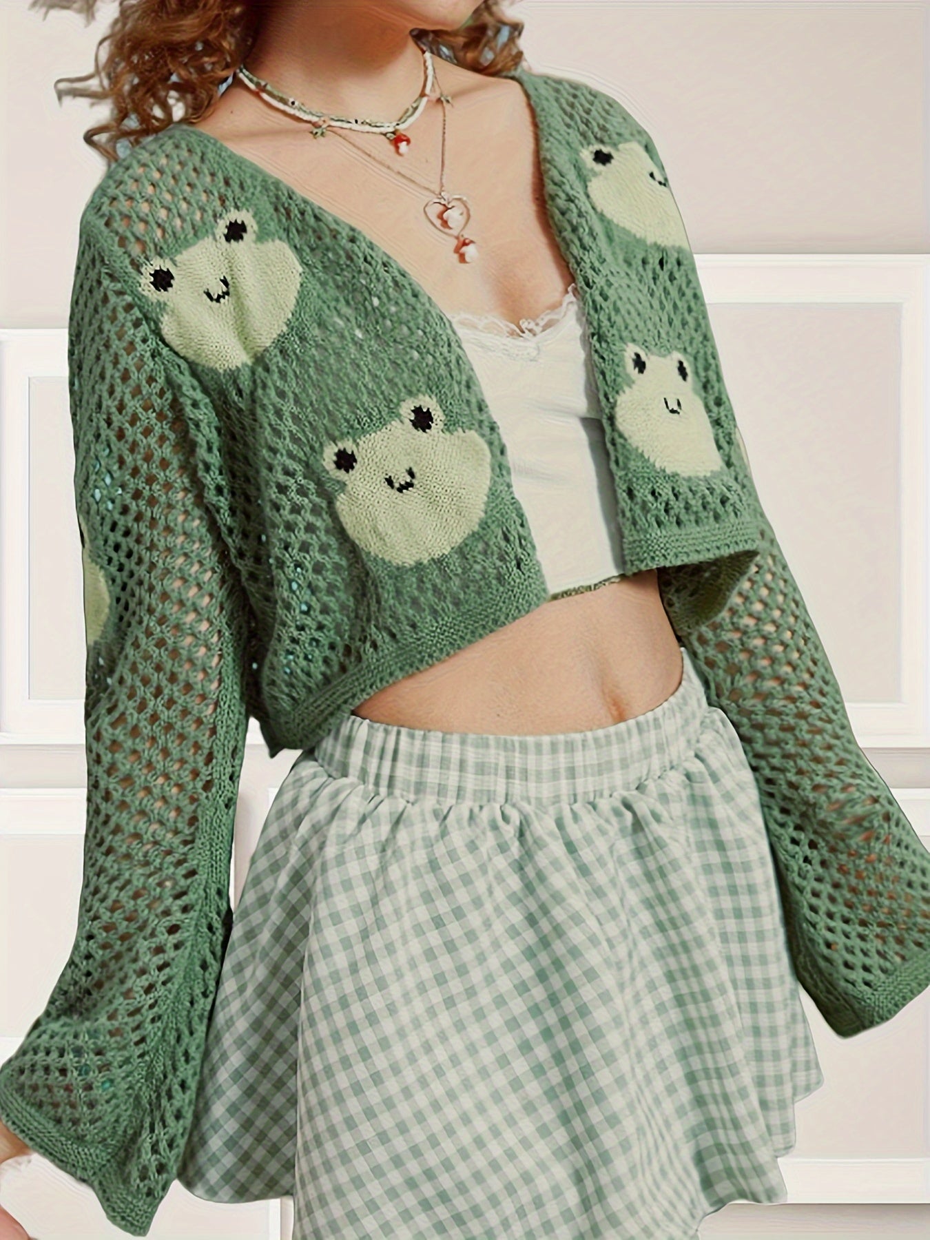 Elegant Semi-Sheer Cardigan - Kawaii Cute Core Frog Pattern