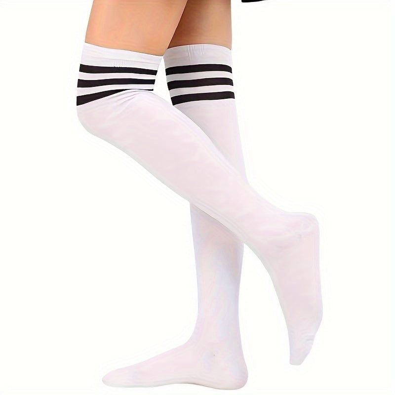 Classic Black & White Knee-High Socks with Three Stripes