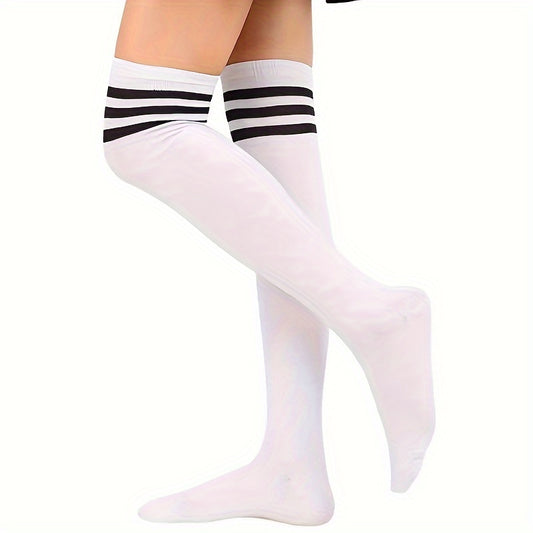 Classic Black & White Knee-High Socks with Three Stripes