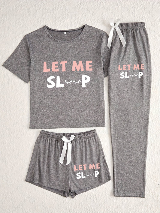 3pcs Casual Pajama Set | Crew Neck with Bow Details, Suitable for All Seasons