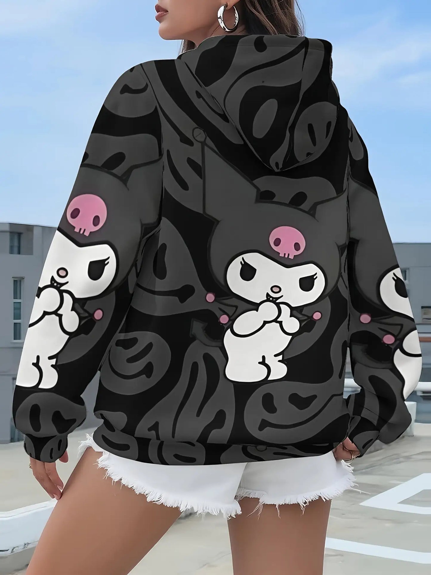 Sanrio Kawaii Kuromi Women's Plus Size Hoodie - Cute Kuromi Face & Iconic Pink Bow Print, Soft Warm Pullover Sweatshirt with Pockets