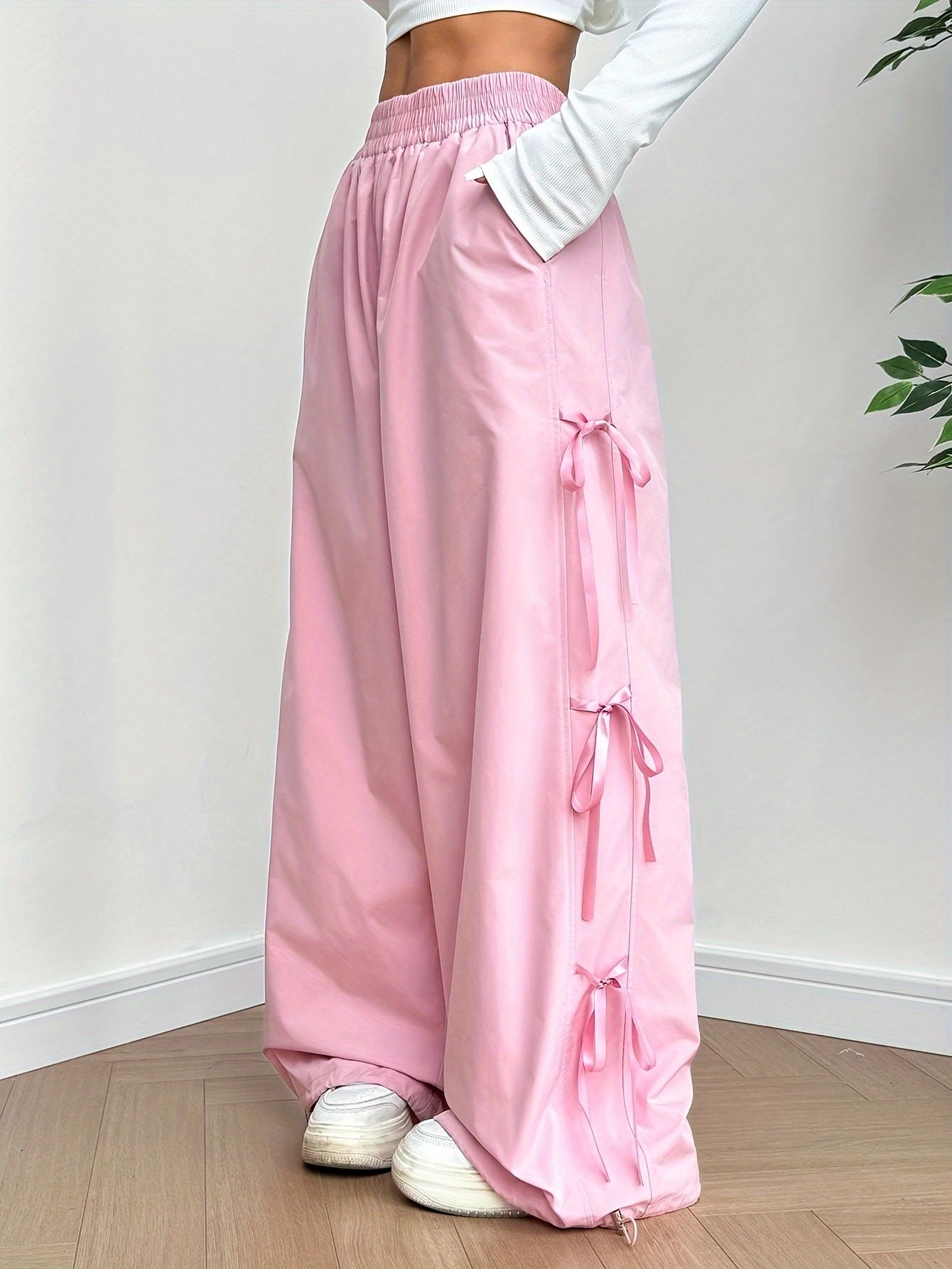 Cutecore Pink Wide Leg Pants - Comfortable Casual Loose Fit with Side Bow Detail