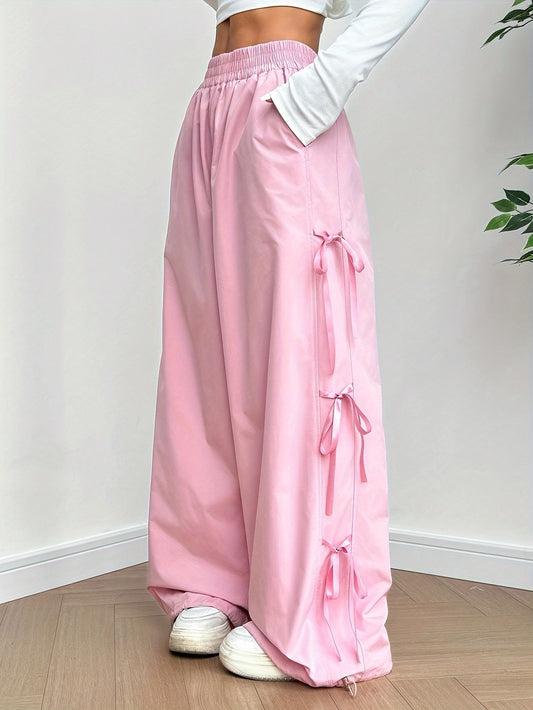 Cutecore Pink Wide Leg Pants - Comfortable Casual Loose Fit with Side Bow Detail