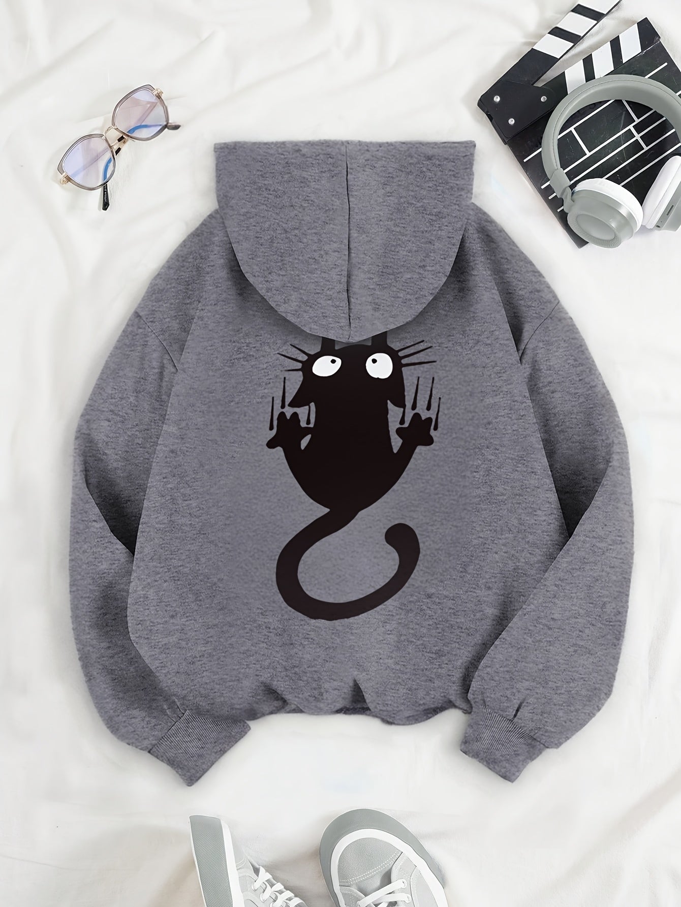 Cat Hoodies for Adults - Winter Hooded Sweatshirt with Cute Cat & Kitten Print - Hoodie with Cat Ear Collar-like Design - Cozy Pullover Sweater, Regular Fit (No-Sew Applique)